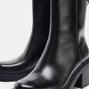 Zara Black Leather Block-Heel Mid-Calf Boots